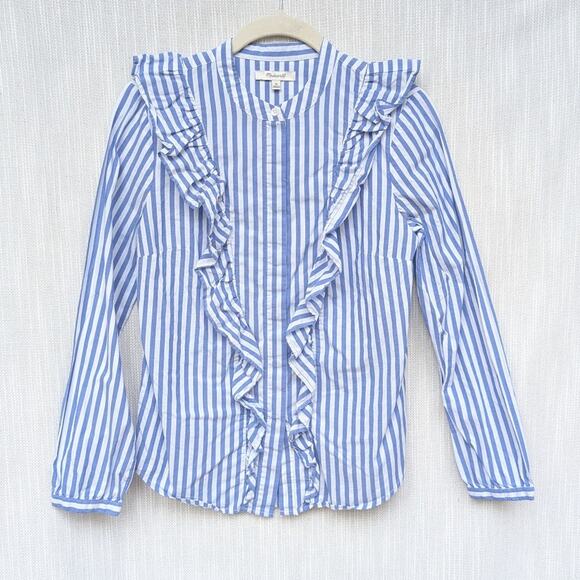 Madewell Blue Striped Cotton Ruffle Front Blouse Button-up Shirt, size XS - Picture 1 of 7